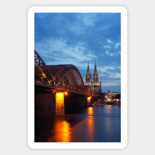 Cologne Cathedral, Dom, Hohenzollern Bridge, dusk, Cologne, Germany Sticker